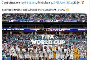 FIFA社媒：祝贺英格兰队获得世界杯季军，创造1966年后最好成绩